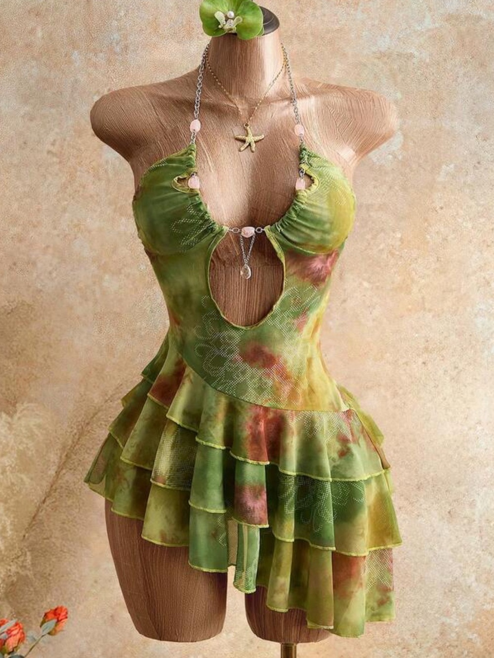 Green Tie-Dye Ruffle Mini Dress with Keyhole